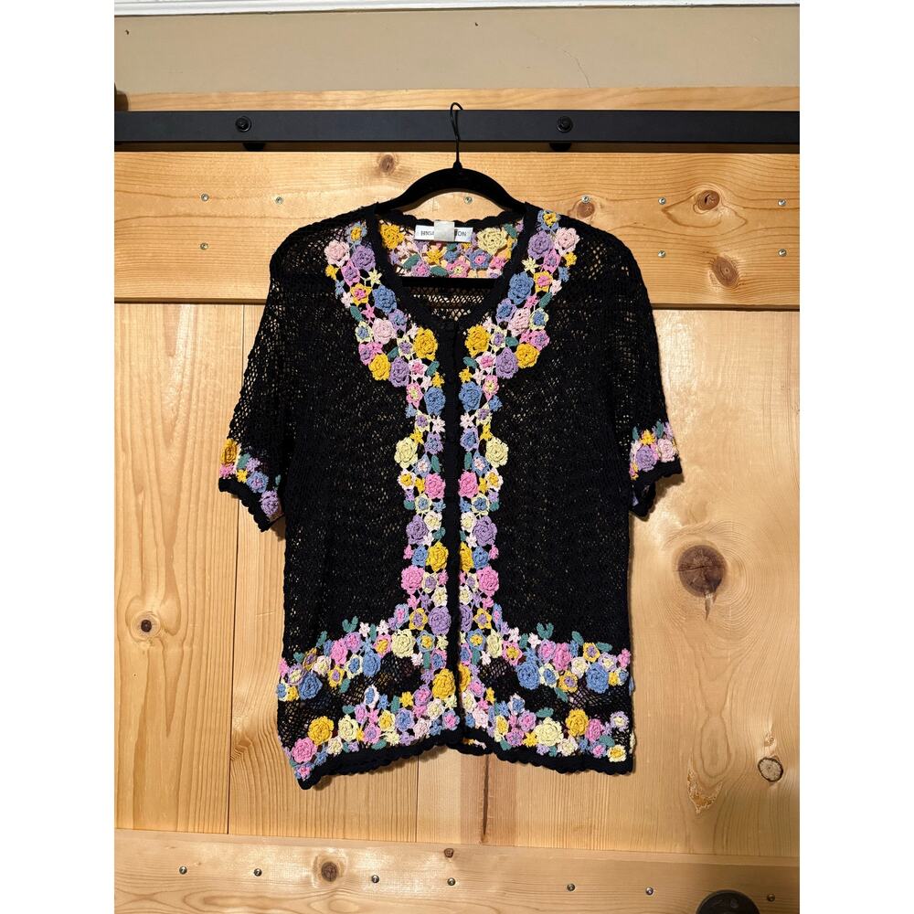 VTG Crocheted Floral Knit High Fashion Button Front Mesh Cardigan Size Est M